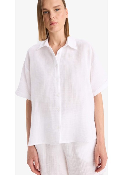 Regular Fit Müslin Kısa Kollu Beyaz Gömlek F0884AX25SM