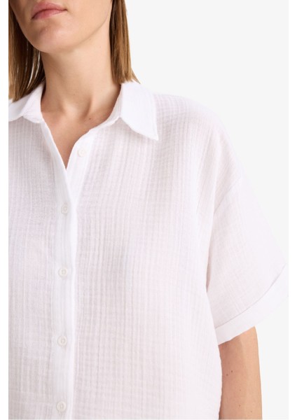 Regular Fit Müslin Kısa Kollu Beyaz Gömlek F0884AX25SM