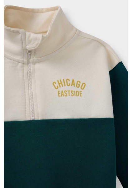 Erkek Bebek 2'li Takım Baskılı Okul Fermuarlı Sweatshirt Eşofman Altı