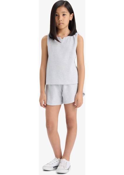 Kız Çocuk 2'li Takım Waffle Kolsuz Üst Beli Lastikli Şort Alt F5184A825SM