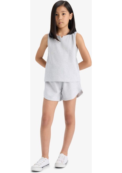 Kız Çocuk 2'li Takım Waffle Kolsuz Üst Beli Lastikli Şort Alt F5184A825SM