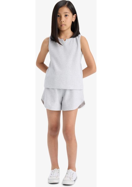 Kız Çocuk 2'li Takım Waffle Kolsuz Üst Beli Lastikli Şort Alt F5184A825SM