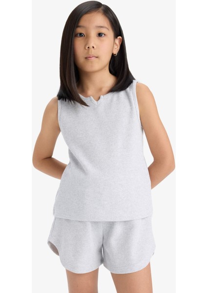 Kız Çocuk 2'li Takım Waffle Kolsuz Üst Beli Lastikli Şort Alt F5184A825SM