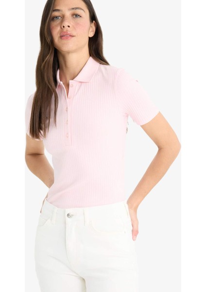 Slim Fit Dar Kesim Polo Yaka Fitilli Kaşkorse Kısa Kollu Tişört E6577AX25SP