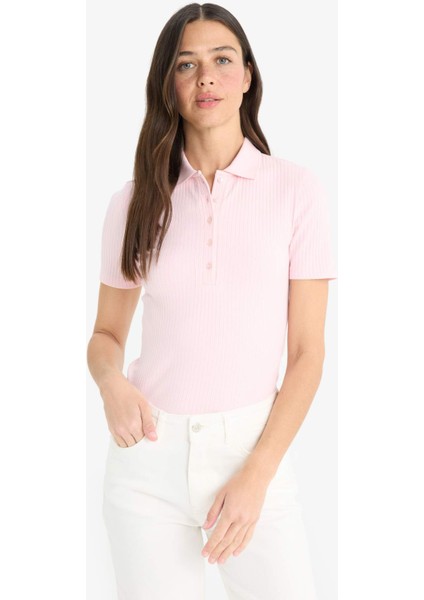 Slim Fit Dar Kesim Polo Yaka Fitilli Kaşkorse Kısa Kollu Tişört E6577AX25SP