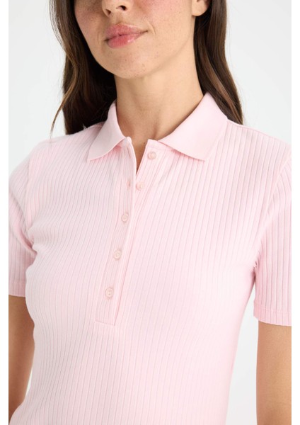 Slim Fit Dar Kesim Polo Yaka Fitilli Kaşkorse Kısa Kollu Tişört E6577AX25SP