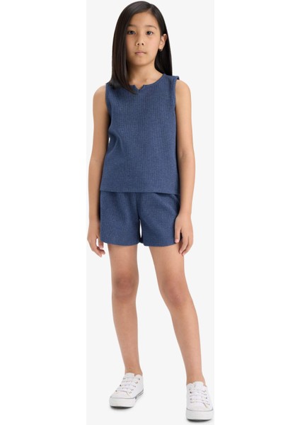 Kız Çocuk 2'li Takım Waffle Kolsuz Üst Esnek Belli Şort Alt F5184A825SM