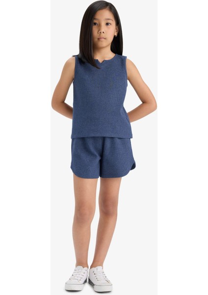 Kız Çocuk 2'li Takım Waffle Kolsuz Üst Esnek Belli Şort Alt F5184A825SM