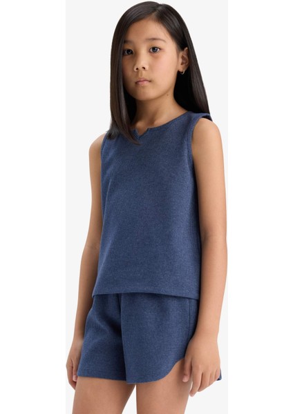 Kız Çocuk 2'li Takım Waffle Kolsuz Üst Esnek Belli Şort Alt F5184A825SM