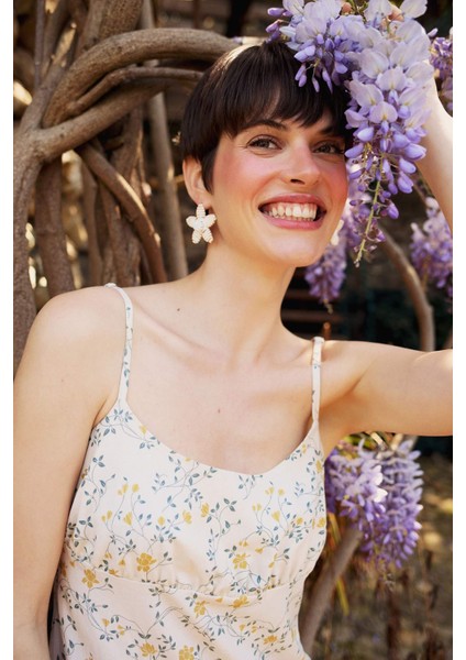 Çiçekli Keten Karışımlı Askılı Midi Elbise F4098AX25SM