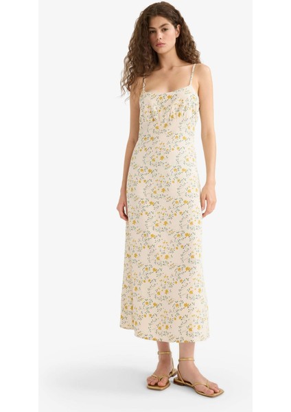 Çiçekli Keten Karışımlı Askılı Midi Elbise F4098AX25SM