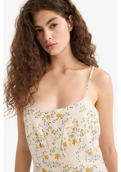 Çiçekli Keten Karışımlı Askılı Midi Elbise F4098AX25SM