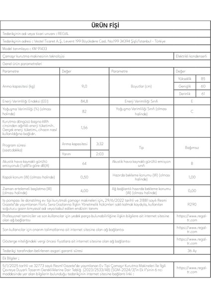 Km 91433 9 kg Kurutma Makinesi