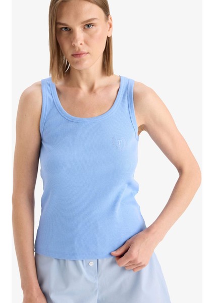 Regular Fit Yuvarlak Yaka Kolsuz Ribana Pijama Üstü-Fall in Love F0110AX25SM