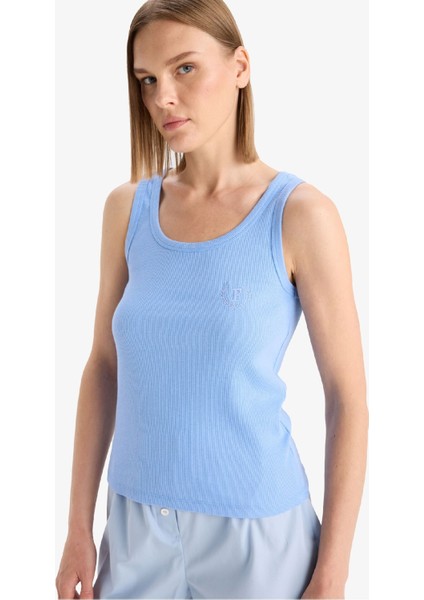 Regular Fit Yuvarlak Yaka Kolsuz Ribana Pijama Üstü-Fall in Love F0110AX25SM