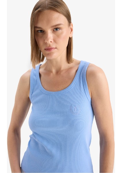 Regular Fit Yuvarlak Yaka Kolsuz Ribana Pijama Üstü-Fall in Love F0110AX25SM