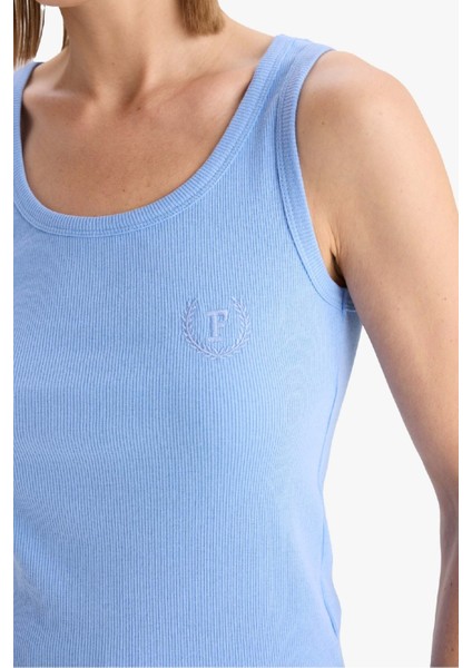 Regular Fit Yuvarlak Yaka Kolsuz Ribana Pijama Üstü-Fall in Love F0110AX25SM