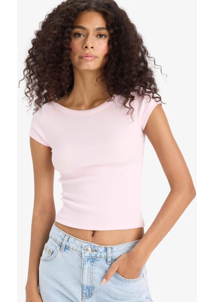 Slim Fit Dar Kesim Kayık Yaka Fitilli Kaşkorse Kısa Kollu Tişört