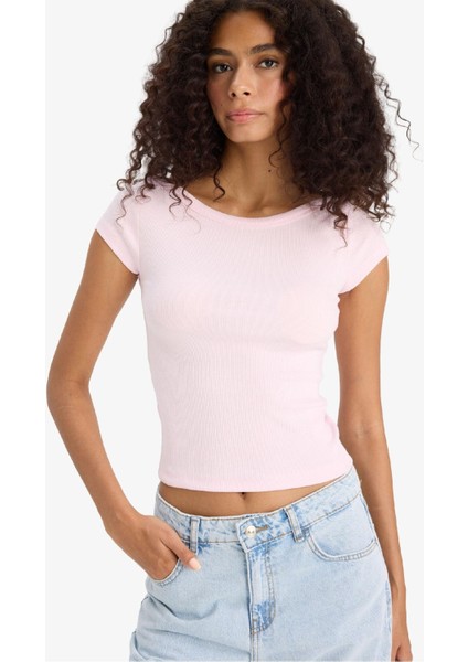 Slim Fit Dar Kesim Kayık Yaka Fitilli Kaşkorse Kısa Kollu Tişört