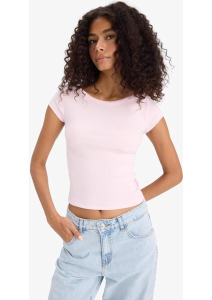 Slim Fit Dar Kesim Kayık Yaka Fitilli Kaşkorse Kısa Kollu Tişört