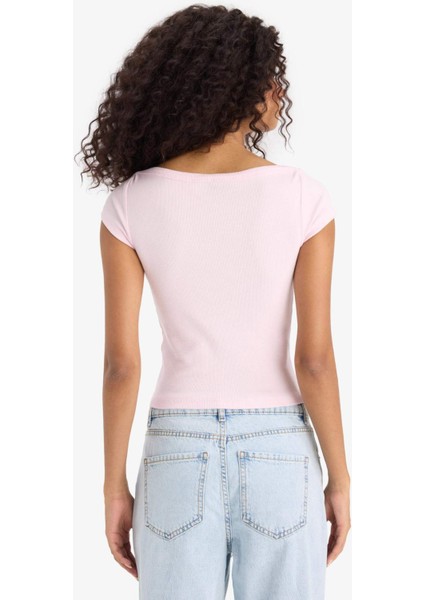 Slim Fit Dar Kesim Kayık Yaka Fitilli Kaşkorse Kısa Kollu Tişört