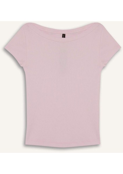 Slim Fit Dar Kesim Kayık Yaka Fitilli Kaşkorse Kısa Kollu Tişört