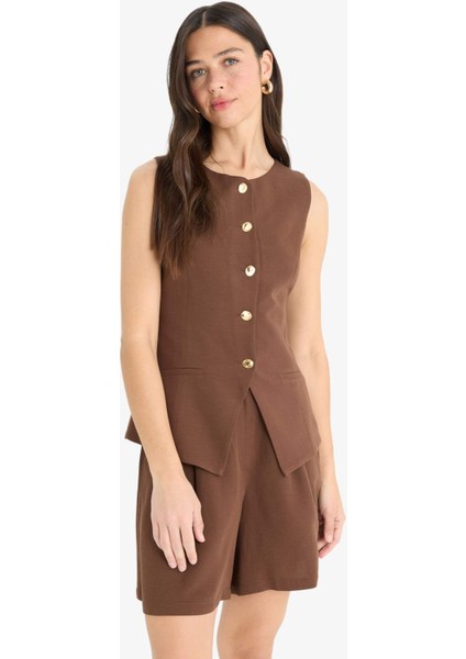 Fitted Bisiklet Yaka Keten Karışımlı Blazer Yelek F5406AX25SM