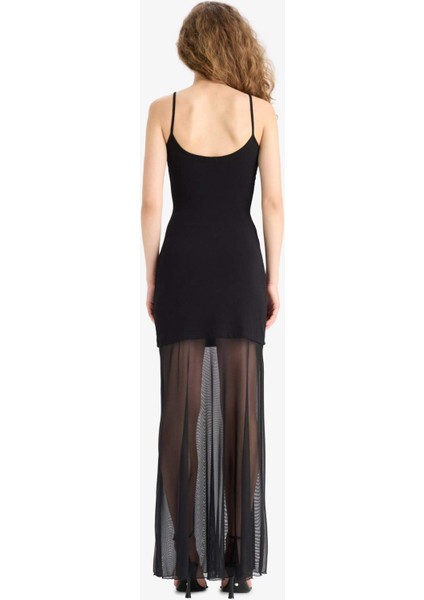 Coool Bodycon Vücudu Saran Kare Yaka Askılı Tül Maxi Elbise F5548AX25SM