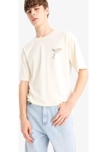 %100 Pamuk Looney Tunes Boxy Fit Rahat Kesim Bisiklet Yaka Sırt Baskılı Kısa Kollu Tişört E9311AX25AU