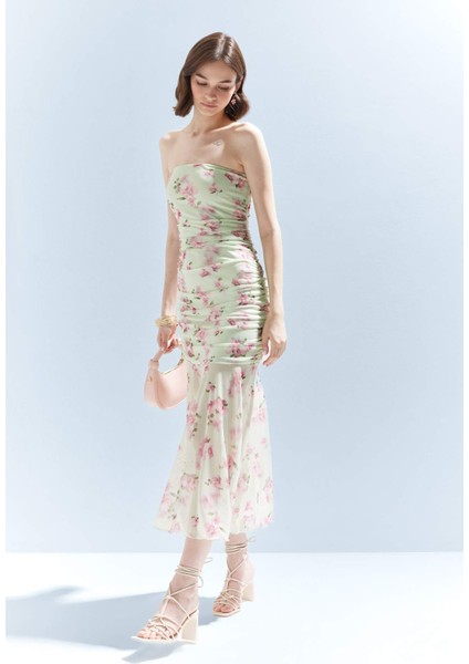 Coool Bodycon Vücudu Saran Straplez Çiçek Desenli Tül Maxi Elbise F5577AX25SM