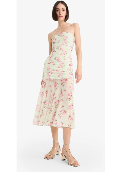 Coool Bodycon Vücudu Saran Straplez Çiçek Desenli Tül Maxi Elbise F5577AX25SM