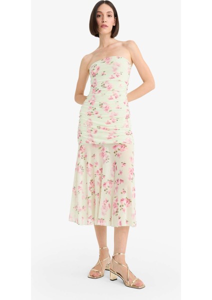 Coool Bodycon Vücudu Saran Straplez Çiçek Desenli Tül Maxi Elbise F5577AX25SM