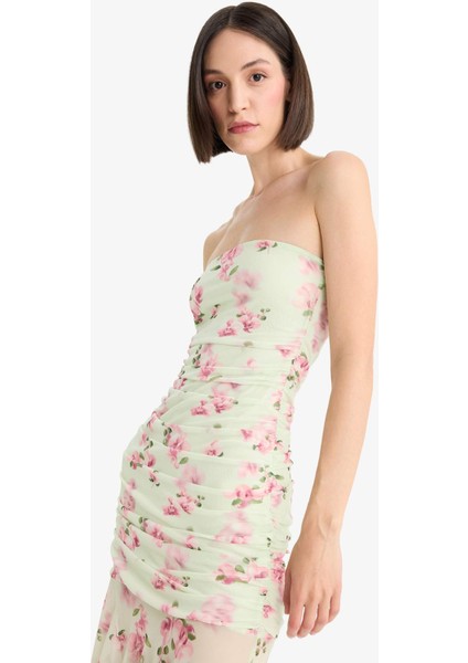 Coool Bodycon Vücudu Saran Straplez Çiçek Desenli Tül Maxi Elbise F5577AX25SM