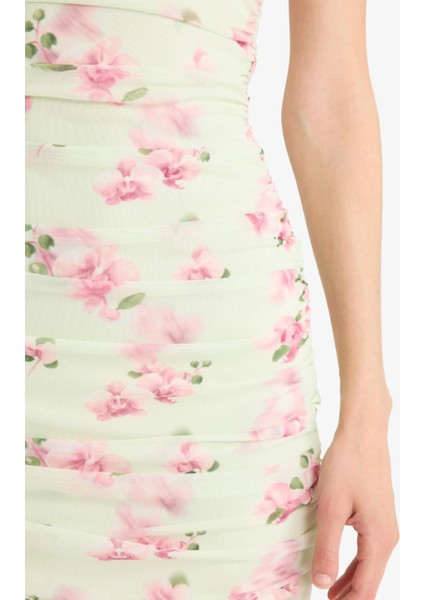 Coool Bodycon Vücudu Saran Straplez Çiçek Desenli Tül Maxi Elbise F5577AX25SM