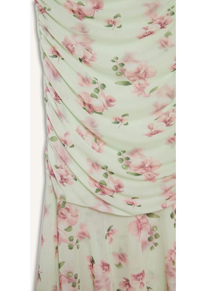 Coool Bodycon Vücudu Saran Straplez Çiçek Desenli Tül Maxi Elbise F5577AX25SM