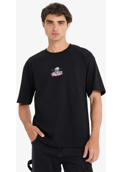 %100 Pamuk Deadpool Boxy Fit Rahat Kesim Bisiklet Yaka Sırt Baskılı Kısa Kollu Tişört E9291AX25AU