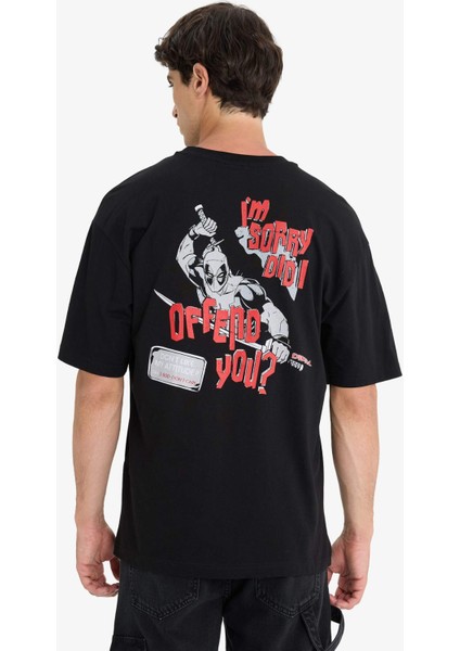 %100 Pamuk Deadpool Boxy Fit Rahat Kesim Bisiklet Yaka Sırt Baskılı Kısa Kollu Tişört E9291AX25AU