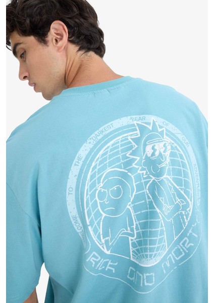%100 Pamuk Rick and Morty Boxy Fit Rahat Kesim Bisiklet Yaka Sırt Baskılı Kısa Kollu Tişört E9290AX25AU
