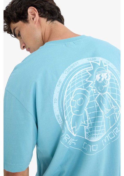 %100 Pamuk Rick and Morty Boxy Fit Rahat Kesim Bisiklet Yaka Sırt Baskılı Kısa Kollu Tişört E9290AX25AU