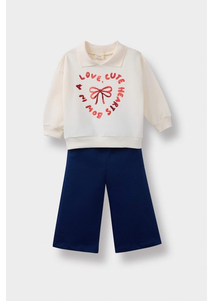 Kız Bebek 2'li Takım Baskılı İçi Yumuşak Tüylü Okul Sweatshirt Eşofman Altı F3744A525AU