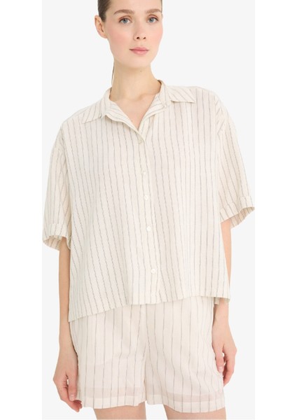 Loose Fit Çizgili Keten Karışımlı Kısa Kollu Gömlek F5546AX25SM