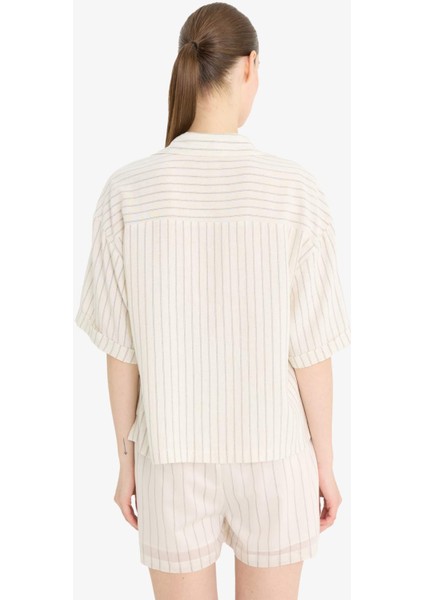 Loose Fit Çizgili Keten Karışımlı Kısa Kollu Gömlek F5546AX25SM