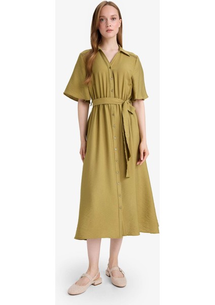 A Kesim Gömlek Yaka Kısa Kollu Midi Elbise F5670AX25AU