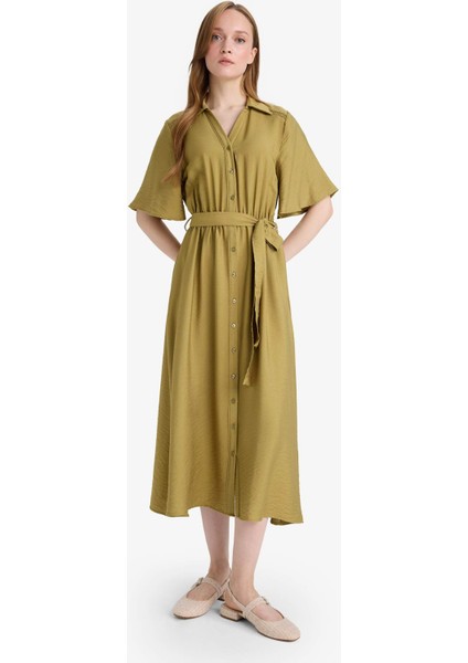 A Kesim Gömlek Yaka Kısa Kollu Midi Elbise F5670AX25AU