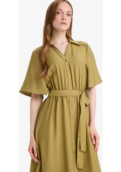 A Kesim Gömlek Yaka Kısa Kollu Midi Elbise F5670AX25AU