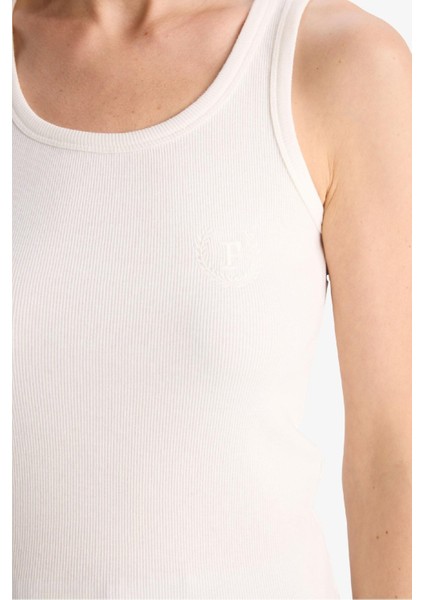 Regular Fit Yuvarlak Yaka Kolsuz Ribana Pijama Üstü-Fall in Love F0110AX25SM