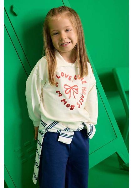 Kız Bebek 2'li Takım Baskılı İçi Yumuşak Tüylü Okul Sweatshirt Eşofman Altı F3744A525AU