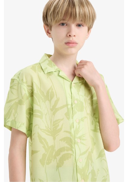 Erkek Çocuk Oversize Geniş Kalıp Polo Yaka Desenli Viskon Kısa Kollu Gömlek F5673A825HS