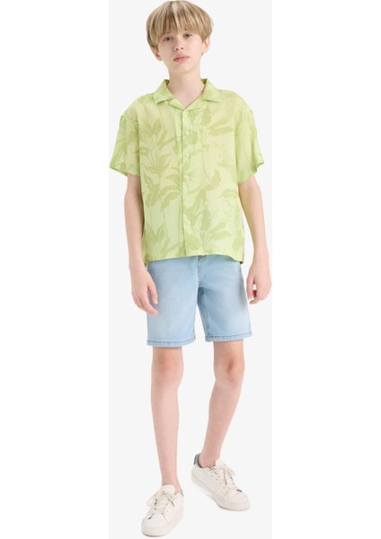 Erkek Çocuk Oversize Geniş Kalıp Polo Yaka Desenli Viskon Kısa Kollu Gömlek F5673A825HS