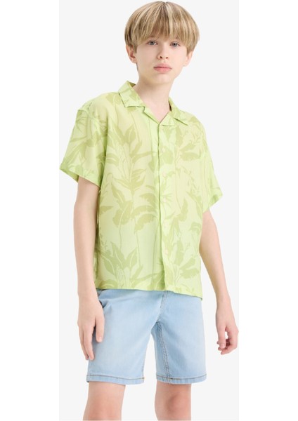 Erkek Çocuk Oversize Geniş Kalıp Polo Yaka Desenli Viskon Kısa Kollu Gömlek F5673A825HS